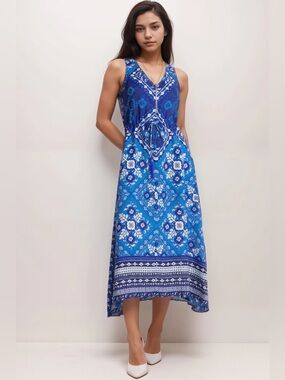 Johnny Was JWLA Blue Drawstring Boho Midi Tank Dress Linen Size Small